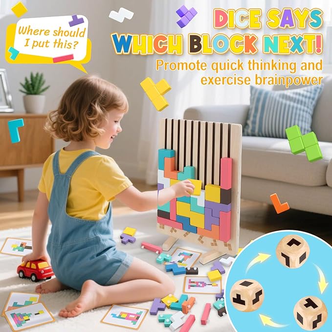 JONEG Games for 3+ Year Olds Kids- Wooden Stacking Puzzles - Brain Teasers 3D Russian Blocks Board - STEM Montessori Toys for Ages 3 4 5 6 7 10 - Gift for Toddlers Classroom Travel
