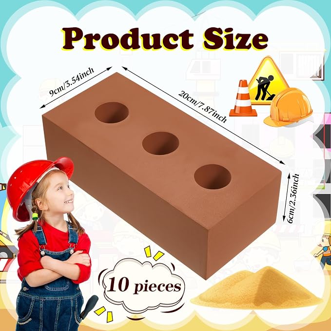 Deekin Foam Brick Building Blocks for Kids Thick Blocks Foam Large Fake Brick Construction Toy for Stacking Construction Gifts, 8 x 4 x 2.4 in(20 Pcs,Circle Holes)