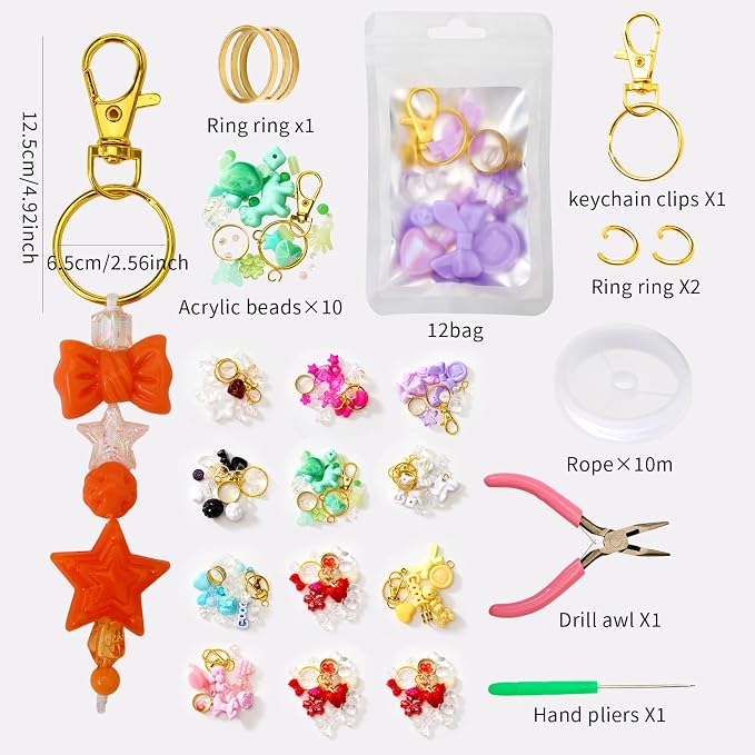 WJXCYGG 12 Set Lip Gloss Keychain Making Kit 120 Assorted Acrylic Beads Packed in 12 Colors 32.8 Ft Rope 12 Keychain Clips for DIY Crafts Women