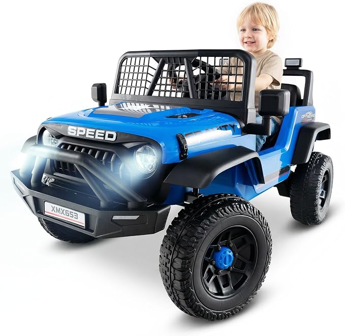 OLAKIDS 24V Ride on Car with Remote Control, Bluetooth, LED Lights, Horn, Spring Suspension, High/Low Speeds, Soft Start for Kids Aged 3+ (Blue)