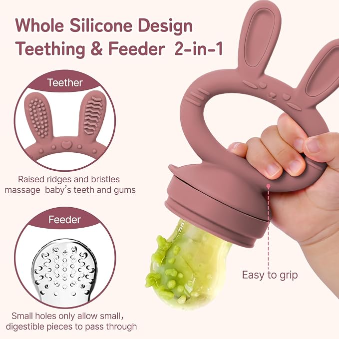 Baby Fruit Feeder Pacifier 2 Pack, Silicone Baby Food Feeder, Pink Bunny Feeder for Babies 4M+, Frozen Fruit Feeder Teething Toy, BPA Free for Fresh Fruit, Veggies & Breastmilk