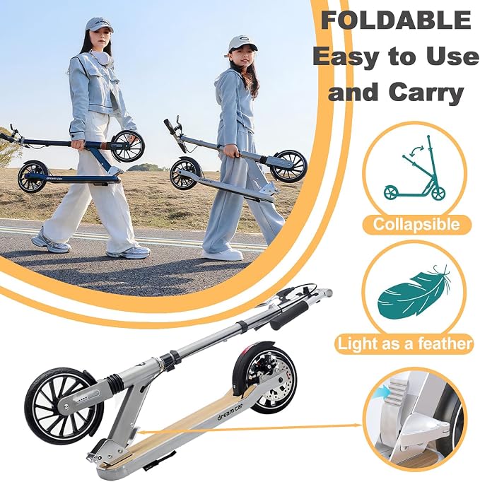 Scooter for Kids 8-12, Teens and Adults, Folding Kick Scooter with Adjustable Height, 8IN Big Wheels Scooters W/Anti-Shock Suspension, Up to 300 Lbs, Bearing ABEC9