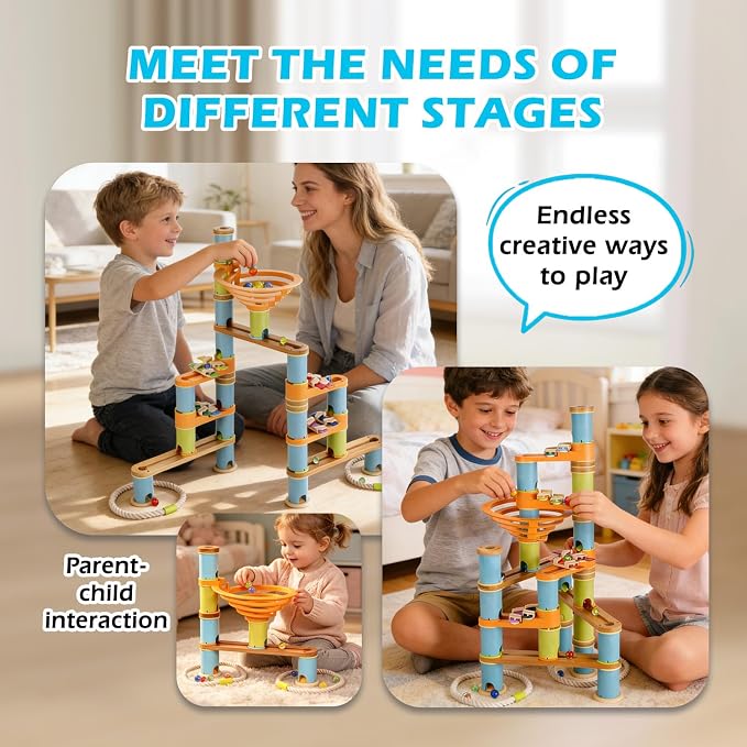 Natural Bamboo Marble Run Toy Set — Musical STEM Building Blocks for Kids — Shatter-Proof Design with Clever Cord-Catch — Eco-Friendly Educational Gift — 98 Pcs