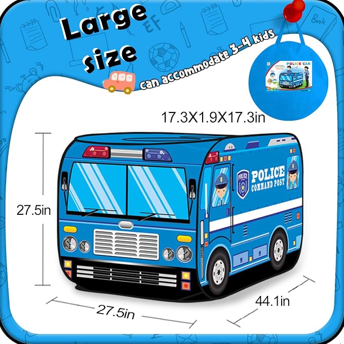 Pop Up Play Tent for Kids Aged 3-5 Years Old Boys and Girls : Police Car Playhouse Toy Play Tents for Toddlers 3-5 Kids Tent Indoor Outdoor Playhouse Toys for 3 + Year Old, Police Car