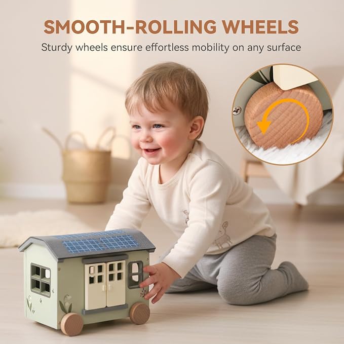 Youuys Wooden Dollhouse Camping Recreational Vehicle - Portable Playhouse Set with 2 Dolls, Pretend Camping House with Smooth-Rolling Wheels, Ready to Play Toy Gift for Boys Girls Kids Age 18M 13PCS