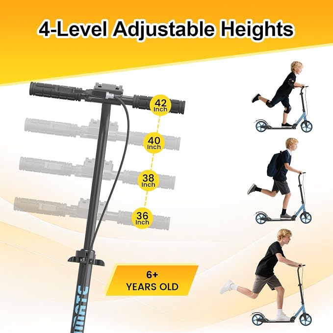 SIMATE Kick Scooter for Kids Teens & Adults, 4 Adjustable Heights, 8IN All Terrain Big Wheels, Dual Brakes & Dual Suspension, Foldable and Lightweight, Gifts for Girls Boys