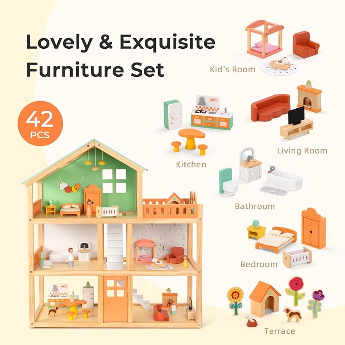 OOOK Large Wooden Dollhouse with 42 Pcs Luxurious Furniture Accessories, 3-Story Doll House 6 Rooms Balcony Wooden Stairs, Ideal Modern Doll House for 3 Year Old