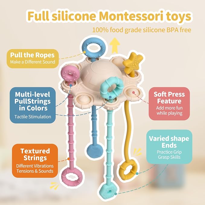 Montessori Pull String Toy Silicone Travel Toy | Food Grade Silicone Early Development Toy, Fine Motor Skills Sensory Toys, Montesorri Gifts (Cream Color)