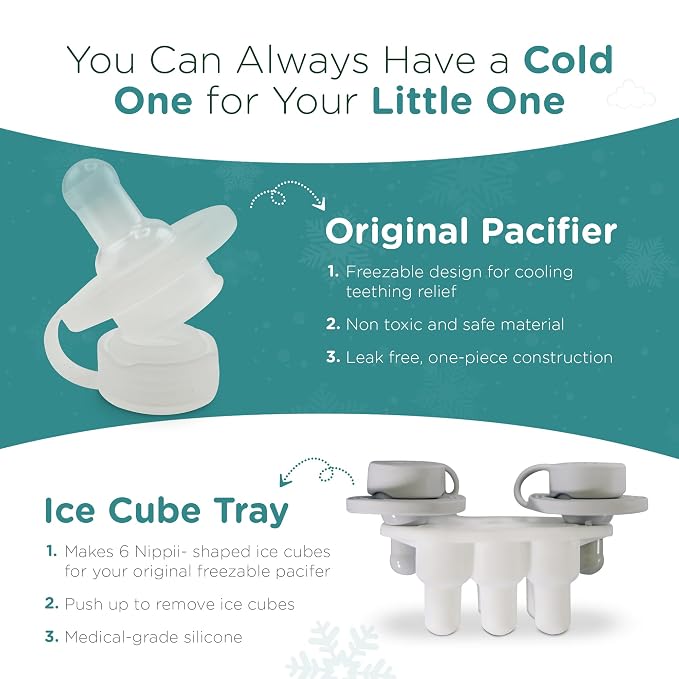 Nippii Freezable Pacifier & Ice Cube Tray, Baby Teether Toys 0-9 Months | Hands-Free, Medical-Grade Silicone, Water-Fillable, Cold. Includes Ice Cube Tray. Made in USA, CPSC Compliant, BPA Free