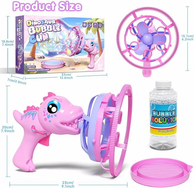 IFLOVE Pink Dinosaur Bubble Gun for Kids, Bubble Machine Toy with Bubble-in-Bubble Effect, 1000+ Bubbles/Min Outdoor Party Favor Gift for Girls Ages 3-8