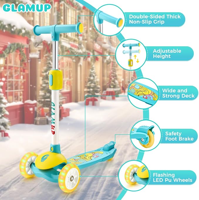 GLAMUP Kids Scooter, 3 Wheel Scooter for Kids Ages 3-12, Adjustable Handlebar, Lean-to-Steer, Foldable Kick Scooter for Boys and Girls