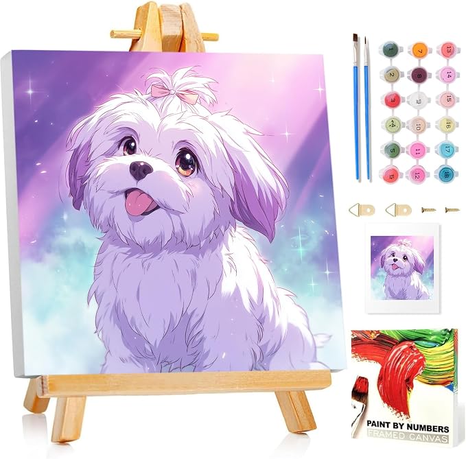 Paint by Numbers Kit for Kids with Frame, Dog Paint by Numbers for Kids Ages 4-8-12, DIY Dog Acrylic Oil Painting for Home Wall Art Decor 7.8x7.8 inch (with Frame Easel)