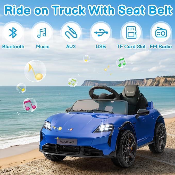 Winado 12V Kids Ride on Car, Licensed Porsche Taycan Electric Car for Toddlers, Battery Powered Ride on Vehicle W/Remote Control, with Bluetooth, 3 Speeds, LED & Rear Lights, Music & Horn (Blue)