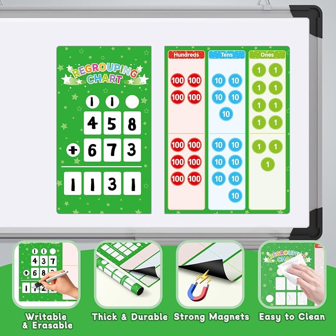 Magnetic Regrouping Math Base Ten Place Value, 2026 New Upgraded Addition & Subtraction Math Manipulatives Dry Erase Whiteboard for Kids 1st 2nd 3rd Grade, Math Games Homeschool Classroom Must Haves