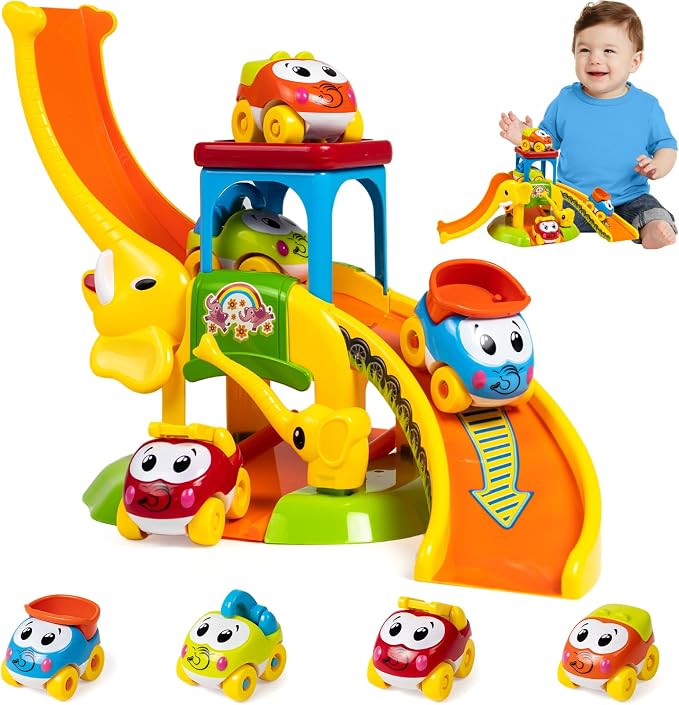 Marstone Toddler Toys for 1 2 Year Old Boys and Girls Gifts: Educational Elephant Slide with 4 Animal Car Toys for Baby 12-18 Months, First Birthday Gifts for Kids, Learning Push Race Tracks Age 1-2