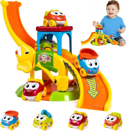 Marstone Toddler Toys for 1 2 Year Old Boys and Girls Gifts: Educational Elephant Slide with 4 Animal Car Toys for Baby 12-18 Months, First Birthday Gifts for Kids, Learning Push Race Tracks Age 1-2