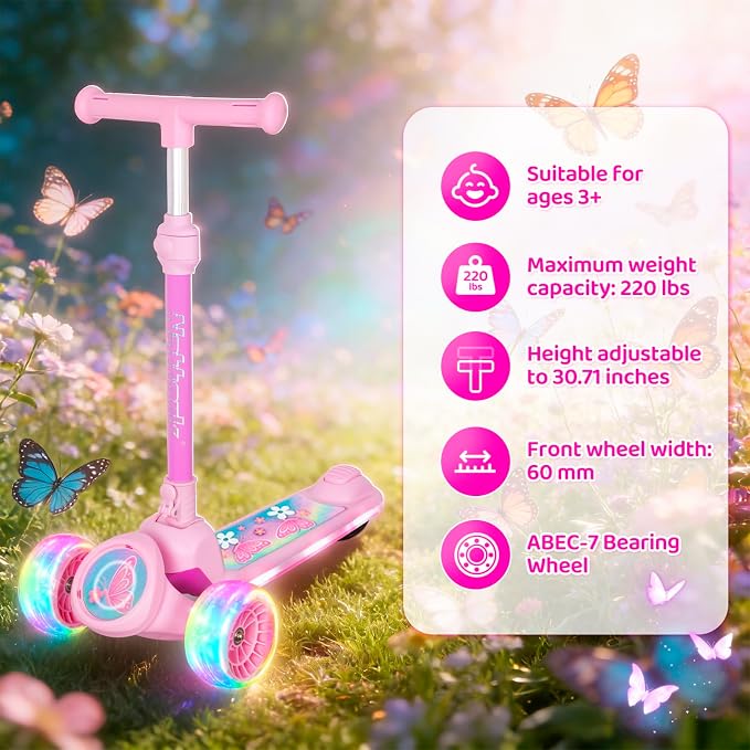Nattork Kids Scooter for Girls with Light Up Wheels, Deck and Headlight, Wide Anti-Slip Deck and T-bar Handle with Rear Foot Brake, Adjustable Height 3 Wheel Scooter for Kids Ages 3+ and up to 220Lbs