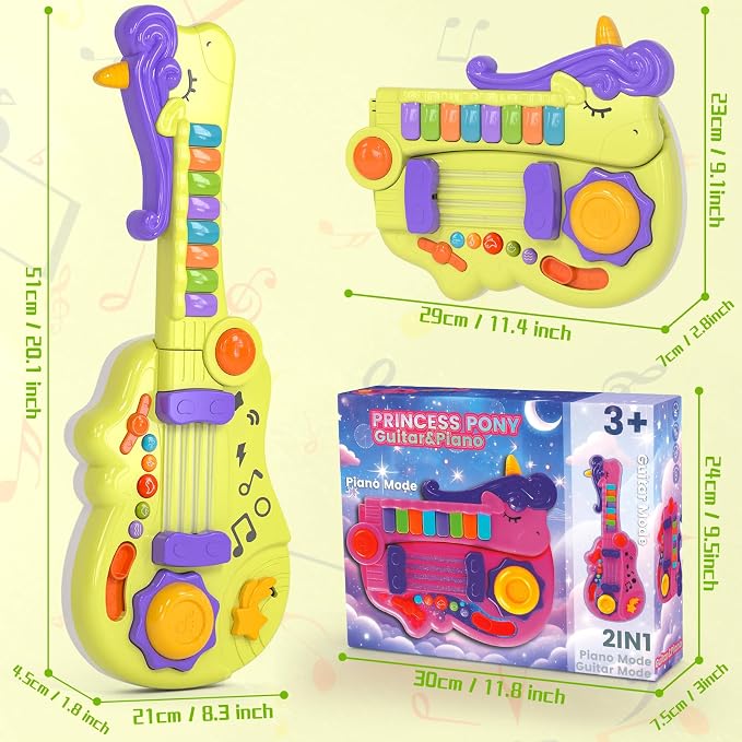 M SANMERSEN 3-in-1 Toddler Guitar Toys for Kids with Piano Drum, Electric Musical Toy with Strap Light Up 3 4 5 Year Old Boys Girls Gifts