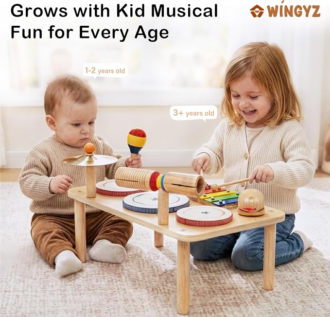 WINYGZ 9-in-1 Baby Drum Set, Low Noise Montessori Musical Instruments for Toddlers 1-3, Safe & Durable Wooden Music Toys for Quiet Sensory Play at Home, Great Birthday for Boys Girls