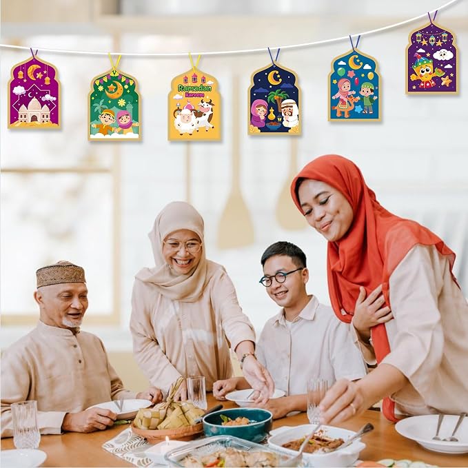 PAIVSUN 24Pcs Ramadan Crafts for Kids, Make You Own Eid Mubarak and Ramadan Kareem Craft Kit, DIY Mosque Scene Religious Sticker Activities Hanging Ornaments for Classroom Party Favor Supplies