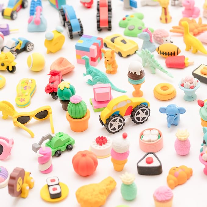 110pcs 3D Cute Kids Erasers, Random Desktop Pet Toys Gifts, Classroom Rewards Kids Party Gifts, Various Styles Such as Animals, Food, Plants, Space, Princess, Sports, Halloween, Christmas