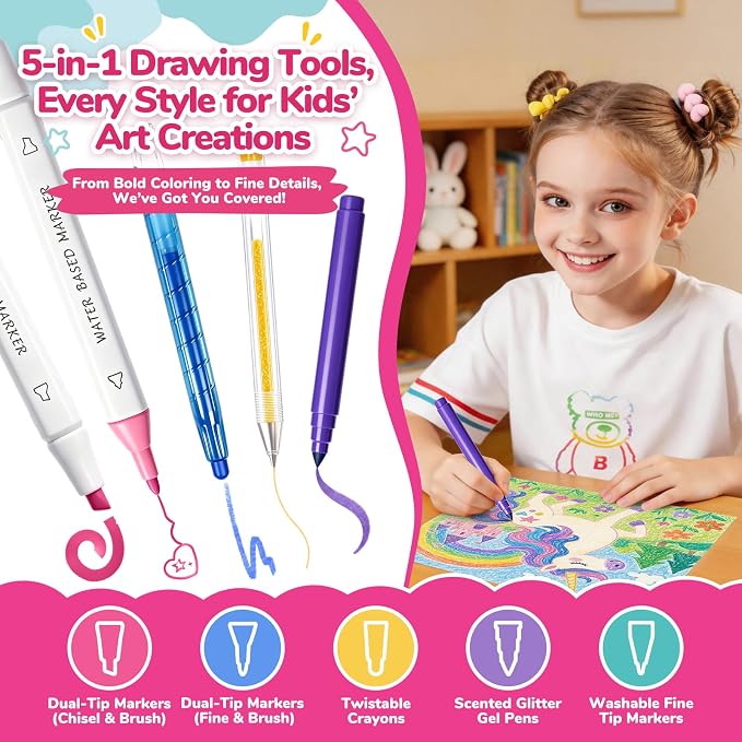 70 PCS Unicorn Arts and Crafts for Girls Ages 4-6-8, Art Supplies Set with 3D Rainbow Glitter Pencil Case, Washable Dual Markers, Scented Gel Pens, Twist-up Crayons & Unicorn Stickers, Birthday Gift
