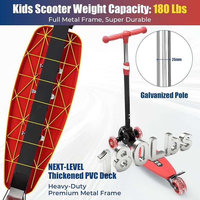3 Wheel Scooter for Kids Ages 3-12, LED Light-Up Kids Kick Scooter–Portable Foldable, Adjustable Height, Durable Metal Construction, 6" Extra Wide Deck for Outdoor Activities,Child Safety Certified