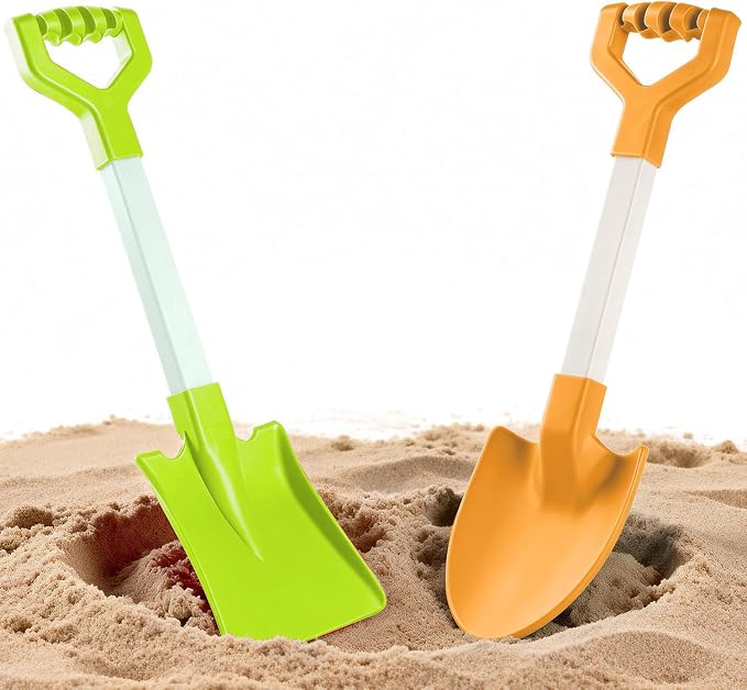 20 Inch Beach Sand Shovels for Kids, Heavy Duty Plastic Spades, 2 Pack Set for Sandbox Garden Snow Digging (Orange-Green)