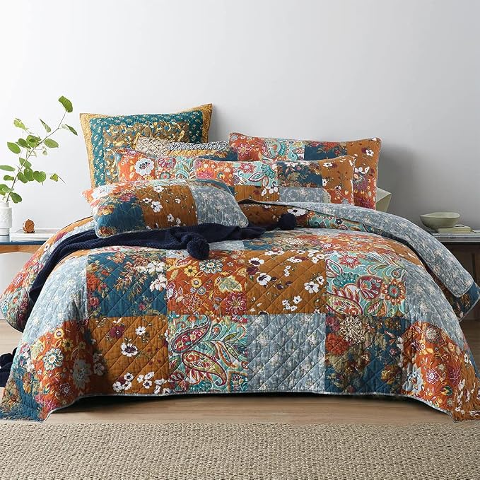 Cotton Bedspread Quilt Bedding Sets 3 Pieces Reversible Coverlet Sets Comforters Luxury Paisley Floral Patchwork Brown Bedspread, Queen Size