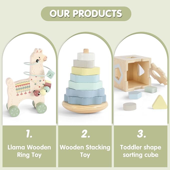 FReniland Montessori Toys for 1 Year Old，3-in-1 Wooden Baby Toys，Wooden Stacking Toy，Toddler Shape Sorting Cube, Llama Ring Toy,Newborn Baby Gift Sets for Boys and Girls