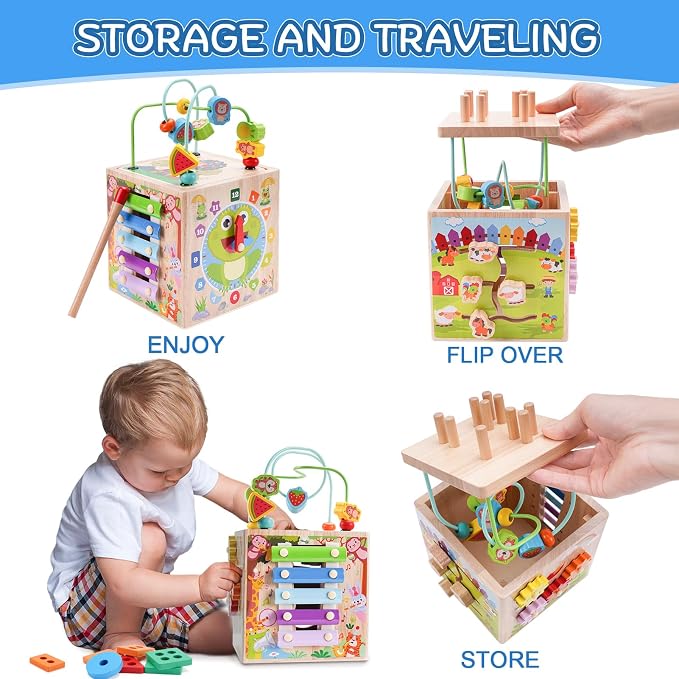 Wooden Activity Cube | Montessori Toys for 1 2 3 Year Old Toddlers | One Year Old 1st 2st First Birthday Gift | Educational Toys for 12+ Months Baby Boys Girls | Bonus Sorting & Stacking Game (Blue)