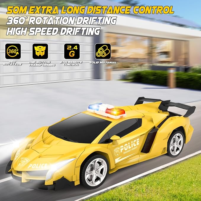 Transform Remote Control Car - Rc Cars, One-Button Transforming, 360° Rotation Drifting, 2.4ghz 1:18 Scale, Gift Kids Aged 4-6 Year Old Boys/Girls, Police Car Yellow