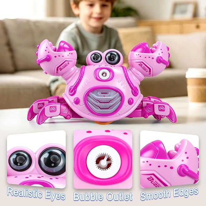 Gretex Crab Bubble Machine for Kids 3-6 Year Old: Remote Control Bubble Machine With Mist Spray Led Lights Music, AutoWalking Bubble Toy, Bubble Maker for Toddler Boys Girls Indoor Outdoor Party, Pink