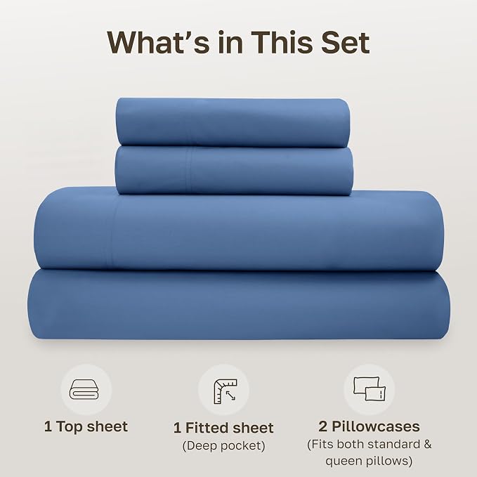 California Design Den Soft 100% Organic Cotton Sheets Queen Size Bed Set - Crisp and Cool Percale, Deep Pocket Organic Sheets with Anti-Skid Elastic, Breathable and Durable Bedding Set - Riviera Blue