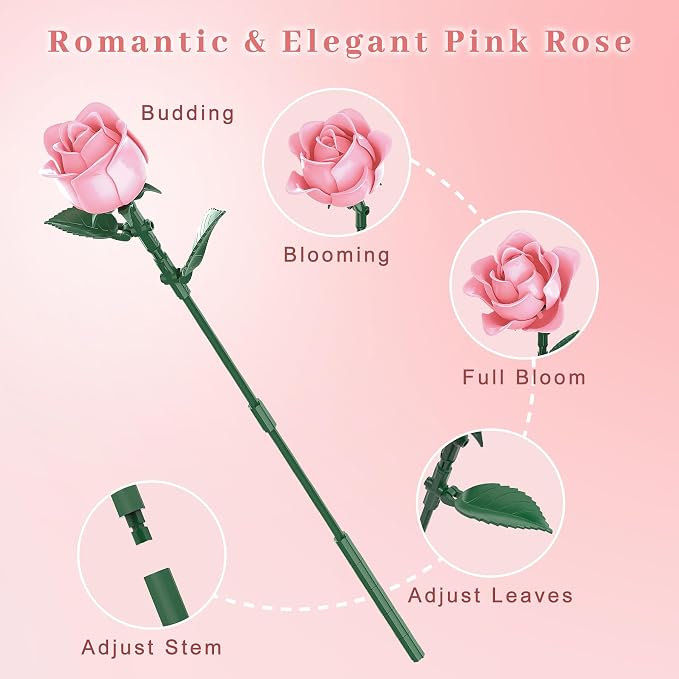 Pink Roses Flower Bouquet Building Set, Artificial Flowers Botanical Collection Compatible with Lego Flowers for Adults Christmas Anniversary Valentines Day Gifts