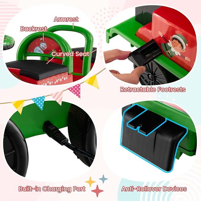 Costzon 2-Seater Ride on Train with Carriage, 6V Ride on Toy w/Under-Seat Storage, Footrests, Train Whistle, Music & Colorful Flashing LED Lights, Electric Car for Kids Aged 18+ (2 Seaters, Green)