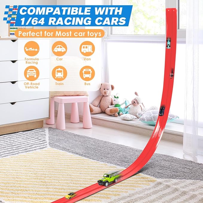 Flexible Race Car Track for Kids 15 Ft Flex Tracks Starter Set Compatible Toy with Suction Cups Compatible with Diecast 1/64th Cars, Long Kid Cars Ramp with Suction Cups for Indoor & Outdoor Ages 3+