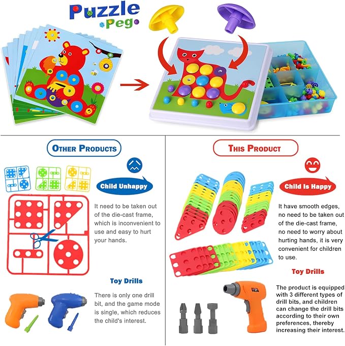 Creative Mosaic Tool Kit with Electric Drill, STEM Building Blocks for Kids, 223PCS Toy Construction Tools, Montessori Educational Construction Toys, Birthday Gift for Boys Girls Ages 3 4 5 6 7 8 9 10