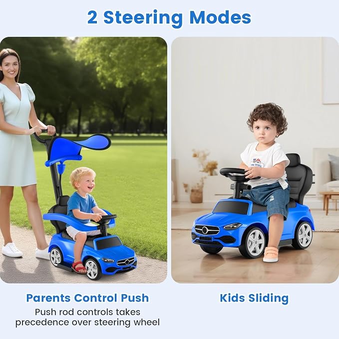 OLAKIDS Push Car for Toddlers, 3 in 1 Licensed Mercedes Benz Baby Sliding Walking with Parent Control Handle Adjustable Canopy Guardrail Under Seat Storage, Kids Ride on Toys with Horn (Blue)