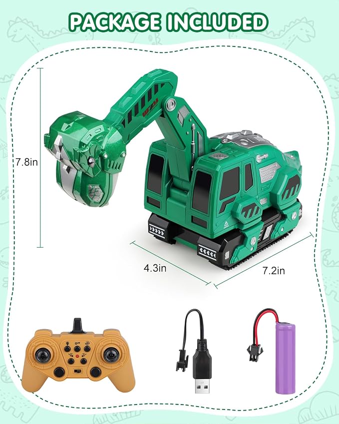 Remote Control Excavator Toys for Boys 4-7, Construction Trucks 2.4GHz RC Excavator with Light and Sound, Dinosaur Toys for Kids 3-5, Christmas Birthday Gifts for Kids (Green)