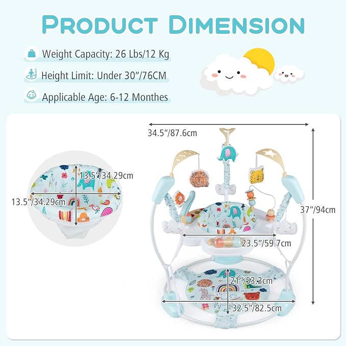 INFANS Baby Activity Center, 3 in 1 Play Center Jumpers and Bouncers with Music, Lights, Interactive Toys, 360°Rotating Seat, Adjustable Heights, Exersaucer Learning Toys for 6-12 Months (Light Blue)