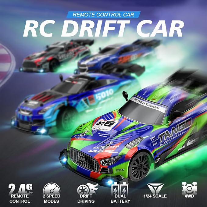 Drift RC Car for Electric Toy Car Hobby Racing Car Toys with Controller,1:24 4WD High Speed RC Drift Cars with LED Lights,Extra Drifting Tires＆Two Batteries,Racing Sport Toy,Vehicle for Adults＆Kids