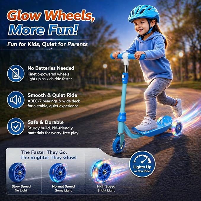 Kids Scooter Ages 3-7 - Three Wheel Preschool Toddler Kick Scooters,Safer Steering,Light Up Wheels, Adjustable Handlebar, Wide Anti-Slip Deck, Birthday for Boys Girls - Blue