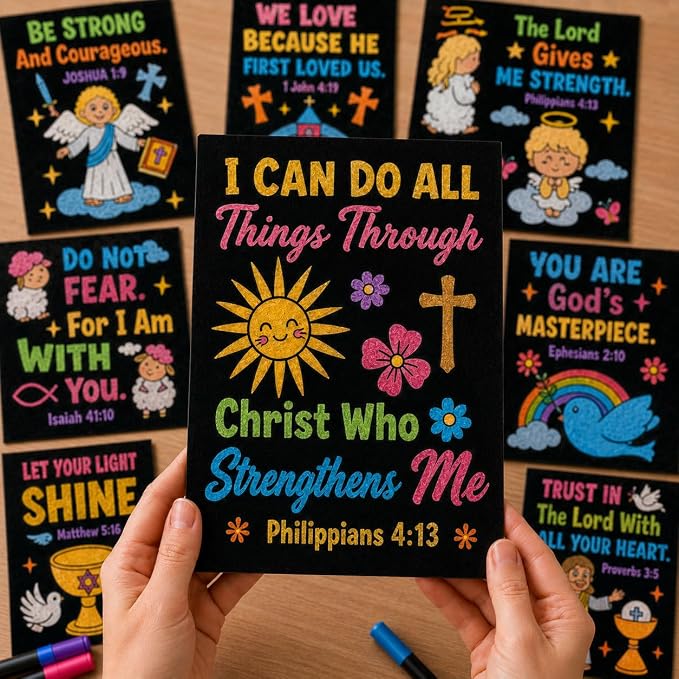 Cinrobiye 48 Pcs Velvet Coloring Posters Bible Fuzzy Posters to Color Bulk Felt Religious Inspirational Coloring Page Craft for Christian Party Favors Gift Prizes Sunday School Church Activities
