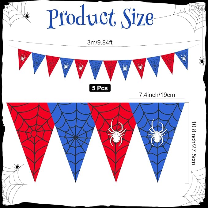 Tiamon 5 Pcs Spider Web Birthday Party Decorations Spider Theme Birthday Triangle 49.2 ft Flag Red Black Blue Pennant Banner Garland Streamer for Baby Shower Cartoon Movie Party Supply