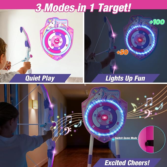 HYES Bow and Arrow for Kids, LED Light Up Unicorn Archery Set with 12 Suction Cup Arrows, 1 Standing Glow Target, 3 Score Targets & 1 Quiver, Indoor Outdoor Sport Toys for Boys Girls Ages 4-12