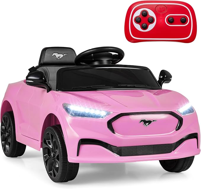 Costzon Ride on Car, 12V Licensed Ford Mach E Kids Electric Vehicle with Parent Control, LED Lights, Horn, Music, Wireless Connection & Spring Suspension, Kids Car Toy for Girls Boys (Pink)