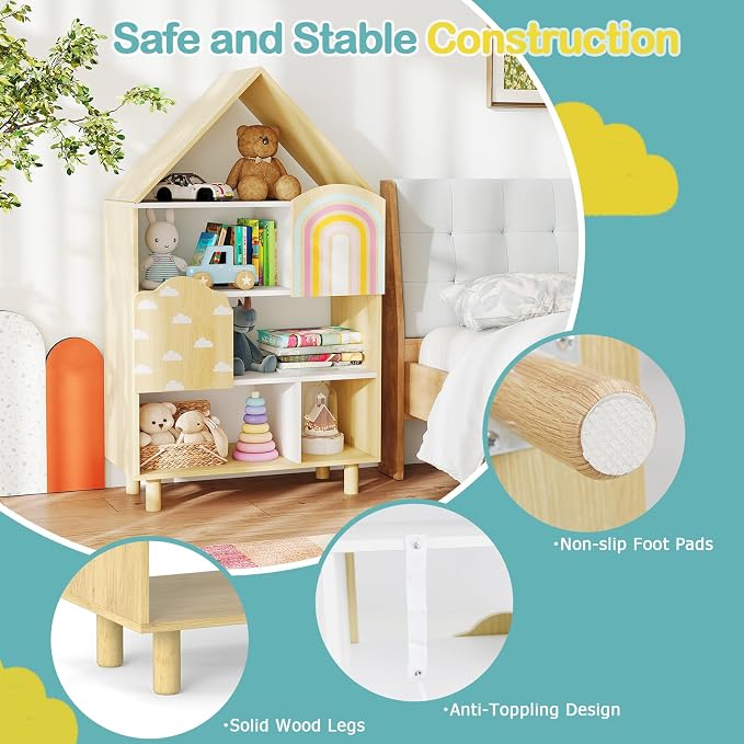 Costzon Kids Dollhouse Bookshelf w/ 2 Doors, Wooden Toy Storage Organizer w/Anti-toppling Devices & Solid Wood Legs, House-Shaped Toddler Bookshelf for Kids Room, Playroom, Nursery, Bedroom, Natural