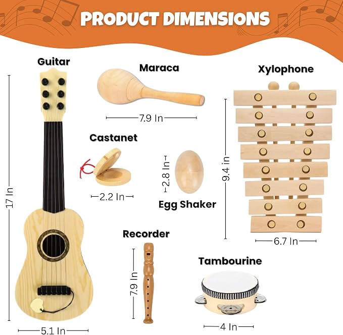 Wooden Musical Instruments for Toddlers – 7-Piece Kids Music Set with Xylophone, Guitar & Percussion | Natural Wood, Non-Toxic | Ages 3+