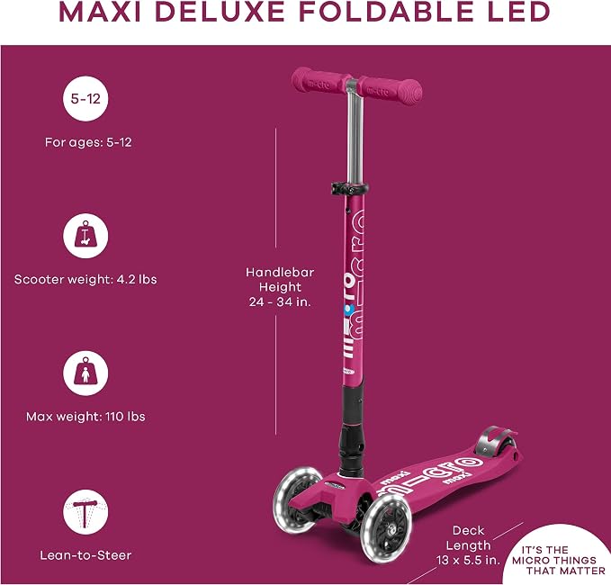 Micro Kickboard | Maxi Foldable LED Kids Scooter for Ages 5-12 | Children up to 110 lbs | 3 Wheel Lean-to-Steer Design | Adjustable T Bar | Smooth Ride, Motion Activated PU LED Wheels | Swiss Design
